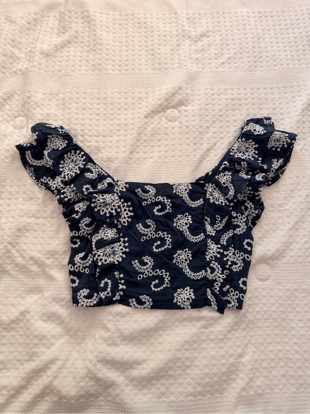 Navy Blue Floral Eyelet Ruffle Crop Top